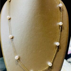 Elegant Gold Pearl Station Necklace with 5.5mm cultured pearls. 14k Gold.
